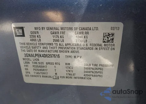 2013 Chevrolet Equinox 2Lt из США, поврежденный, VIN 2GNALPEK4D6297616